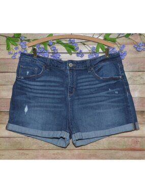 Time And Tru Womens Size 18 Mid-Rise Distressed Denim Shorts Rolled Hem Blue